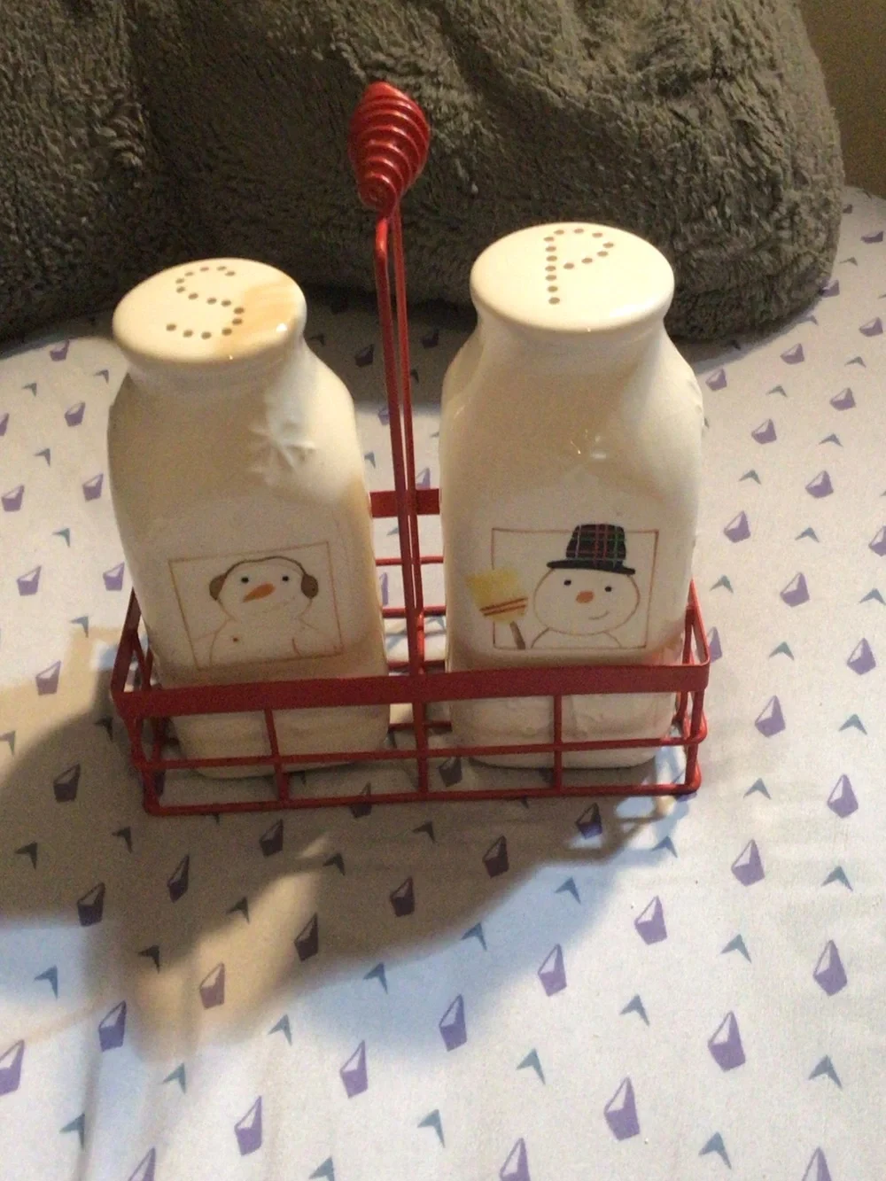 Christmas Snowman Salt Pepper Shakers Ceramic with Holder